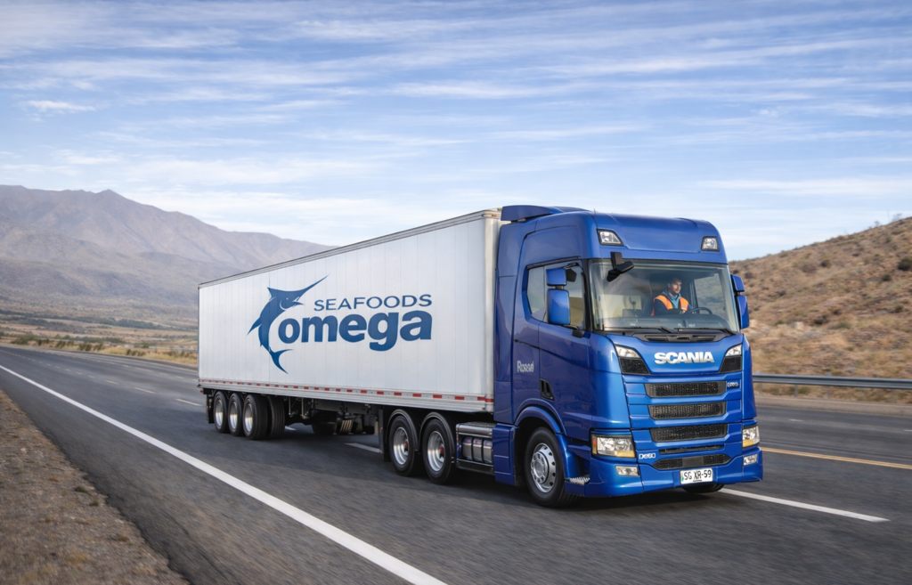 Omega Seafoods refrigerated truck on the road